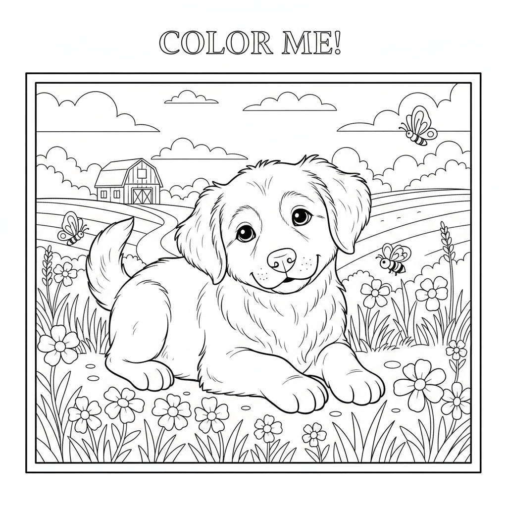 coloring page of a cute puppy in a meadow and the words color me!