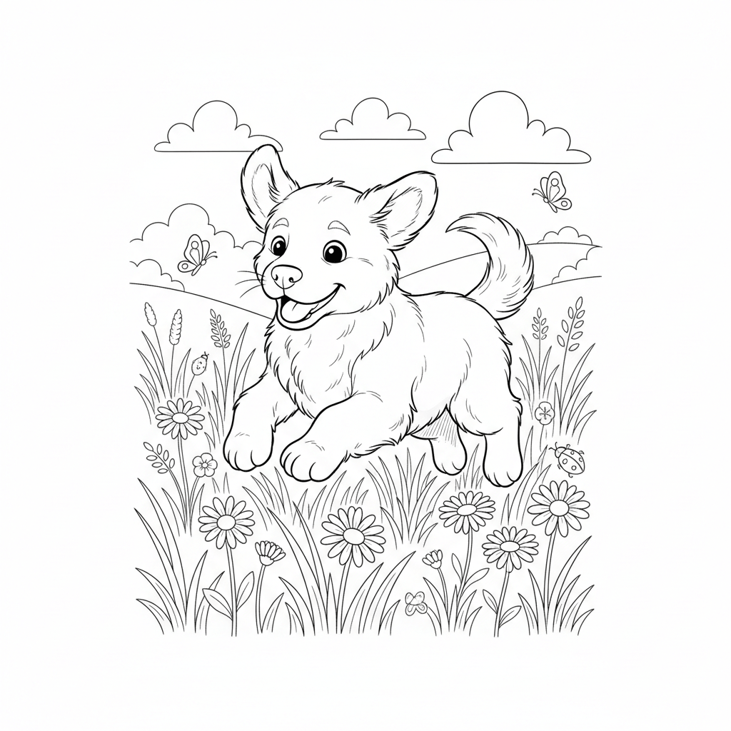 coloring page of a cute puppy frolicking in a meadow
