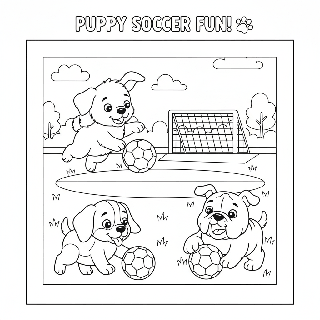 coloring page of puppies playing soccer and the words puppy soccer fun!