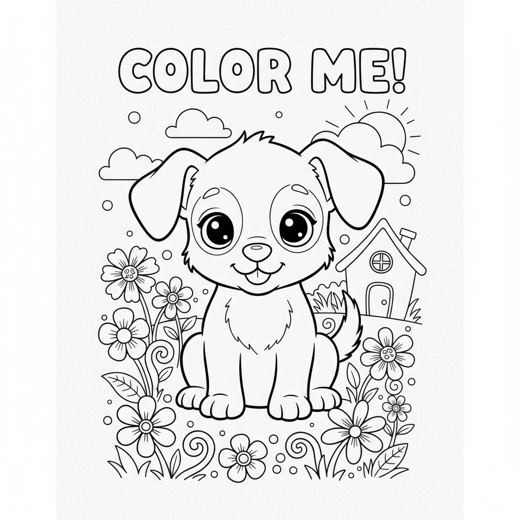 coloring page of a cute puppy with the words color me
