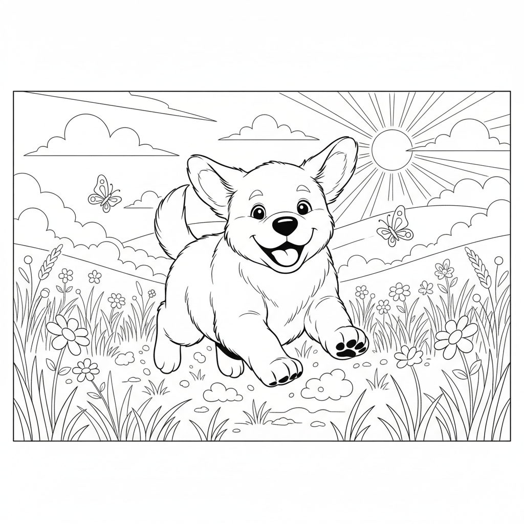 coloring page of a cute puppy frolicking in a meadow
