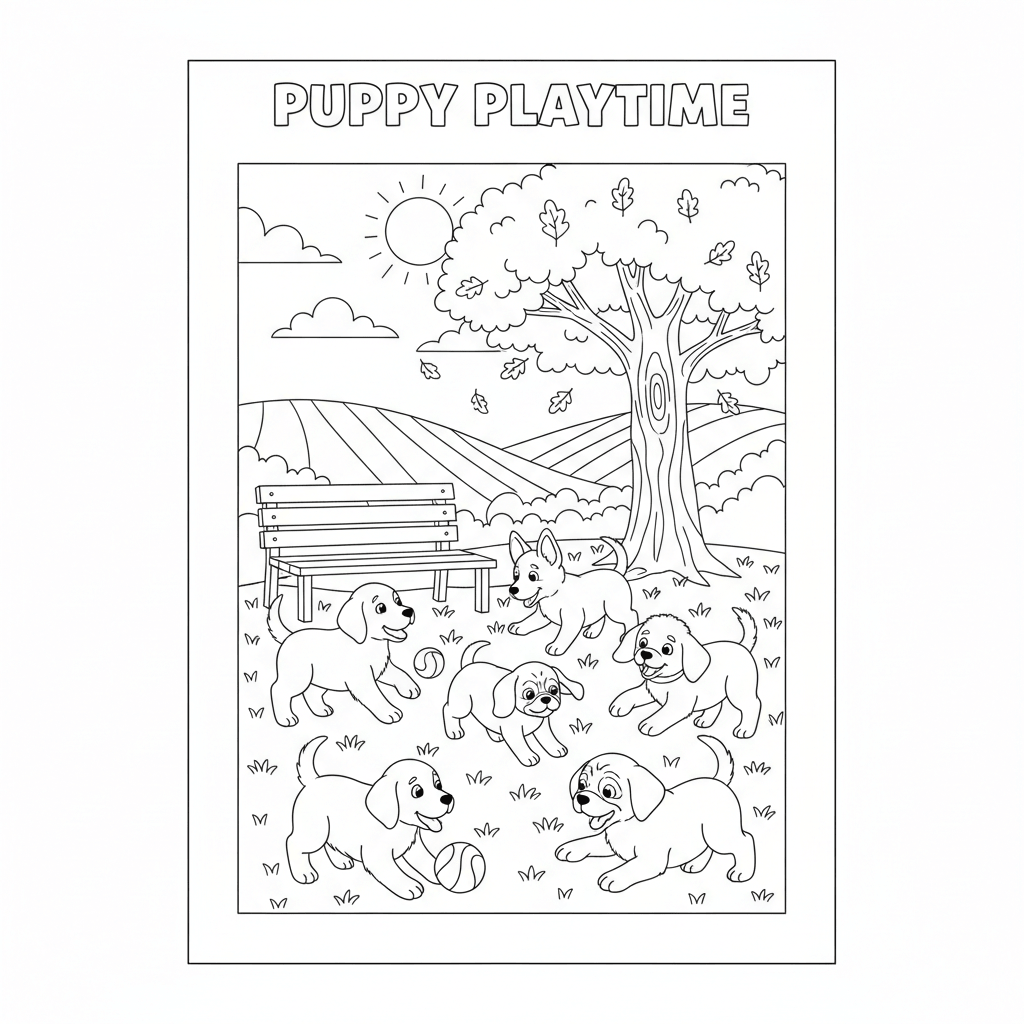 coloring page of cute puppies playing outside