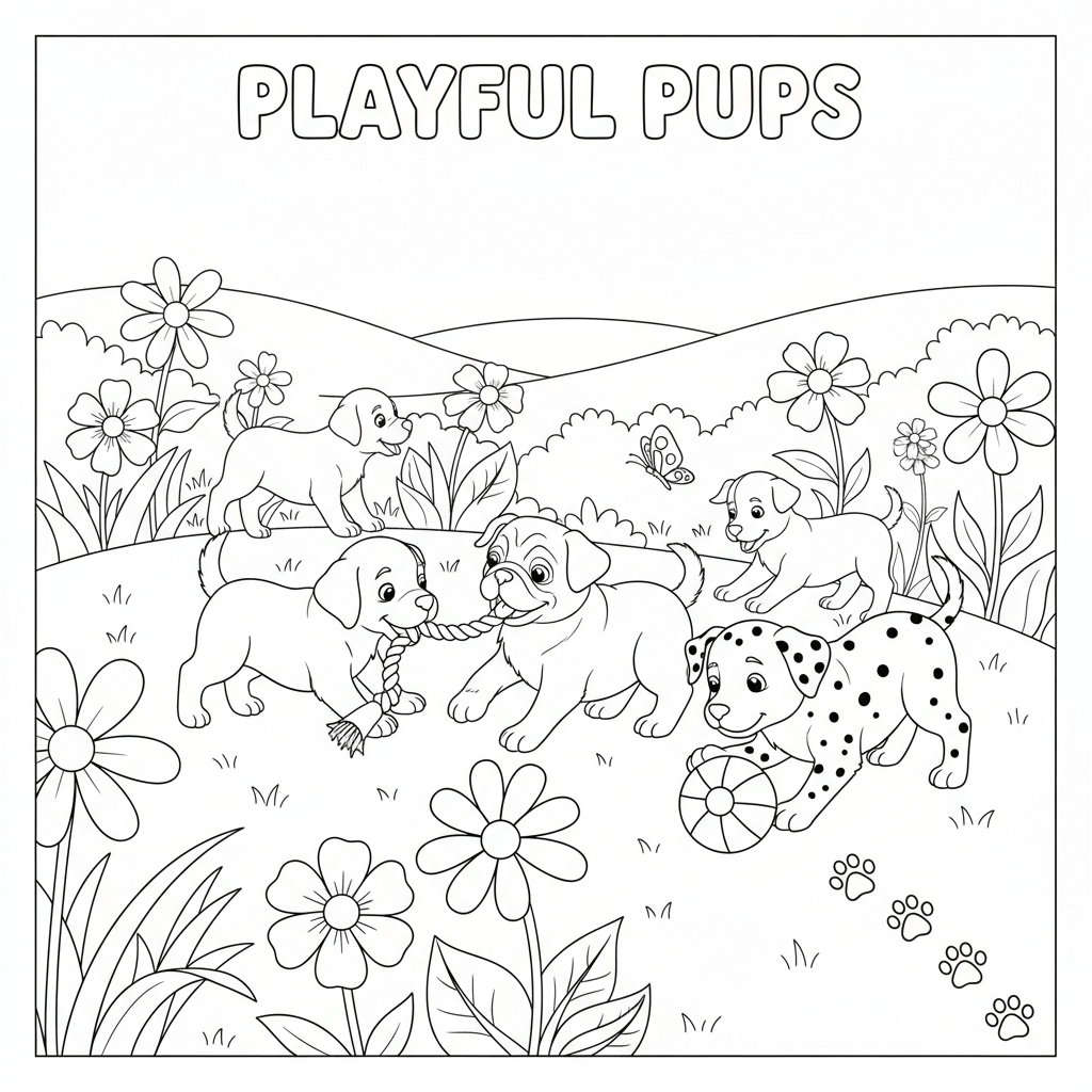 coloring page of cute puppies playing outside