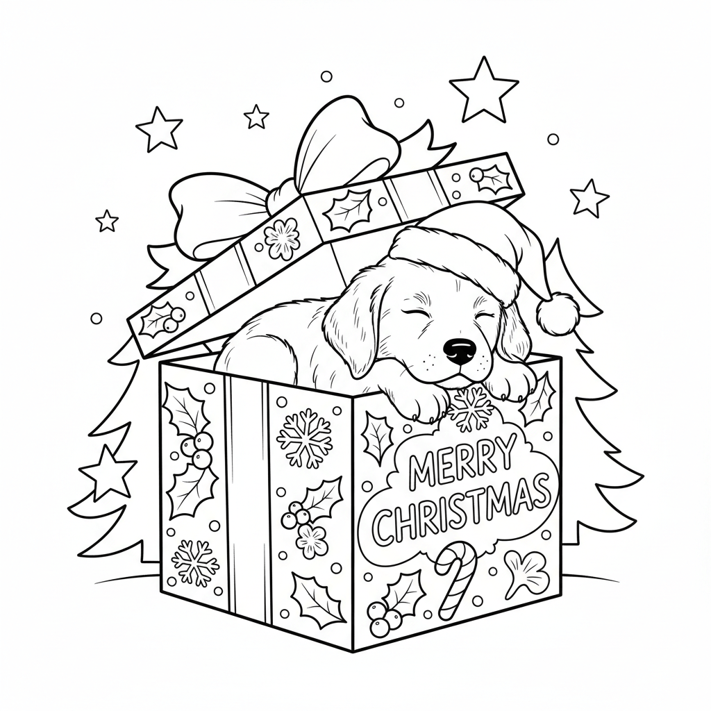 coloring page of a cute puppy in a christmas gift box with the words merry christmas