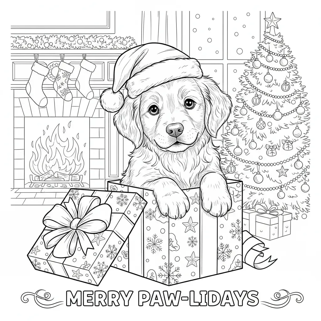 coloring page of a cute puppy in a gift box and the words merry paw-lidays