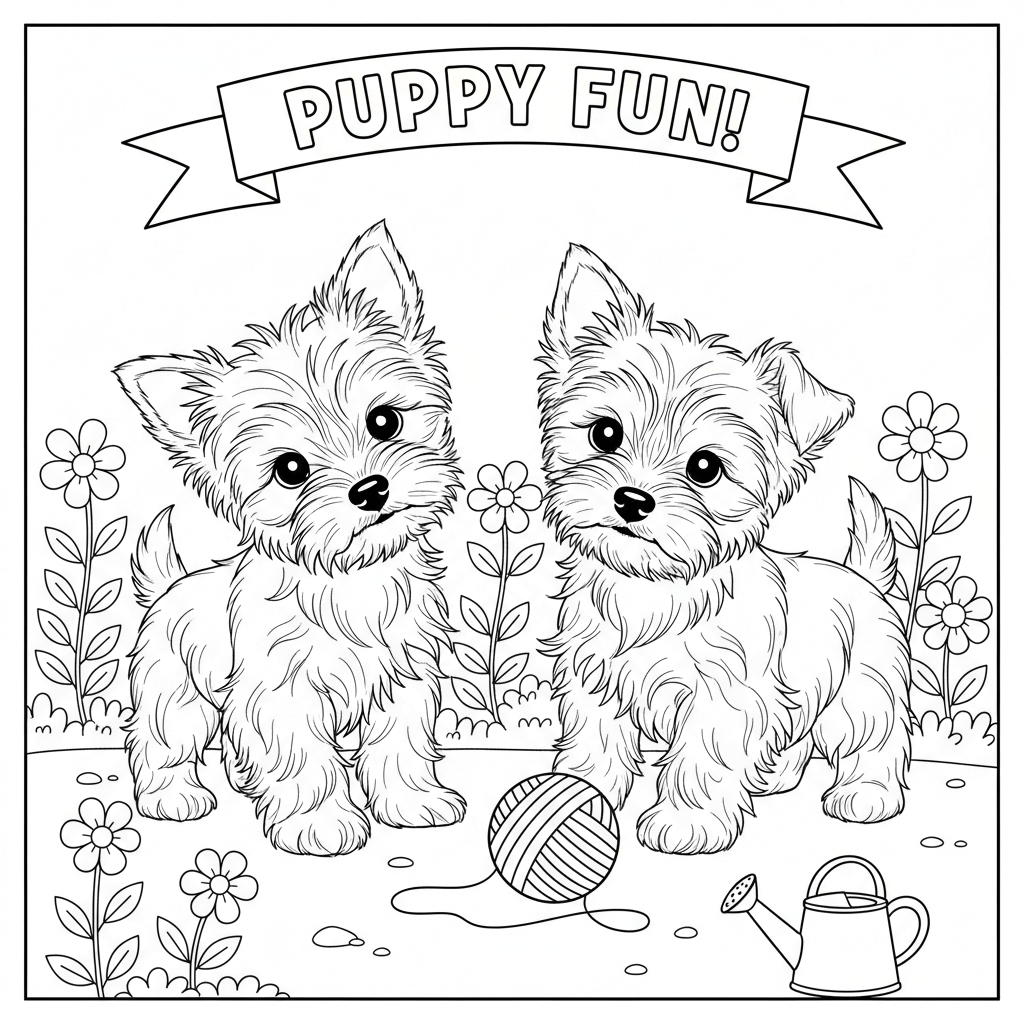 coloring page of two cute yorkie puppies and the words puppy fun