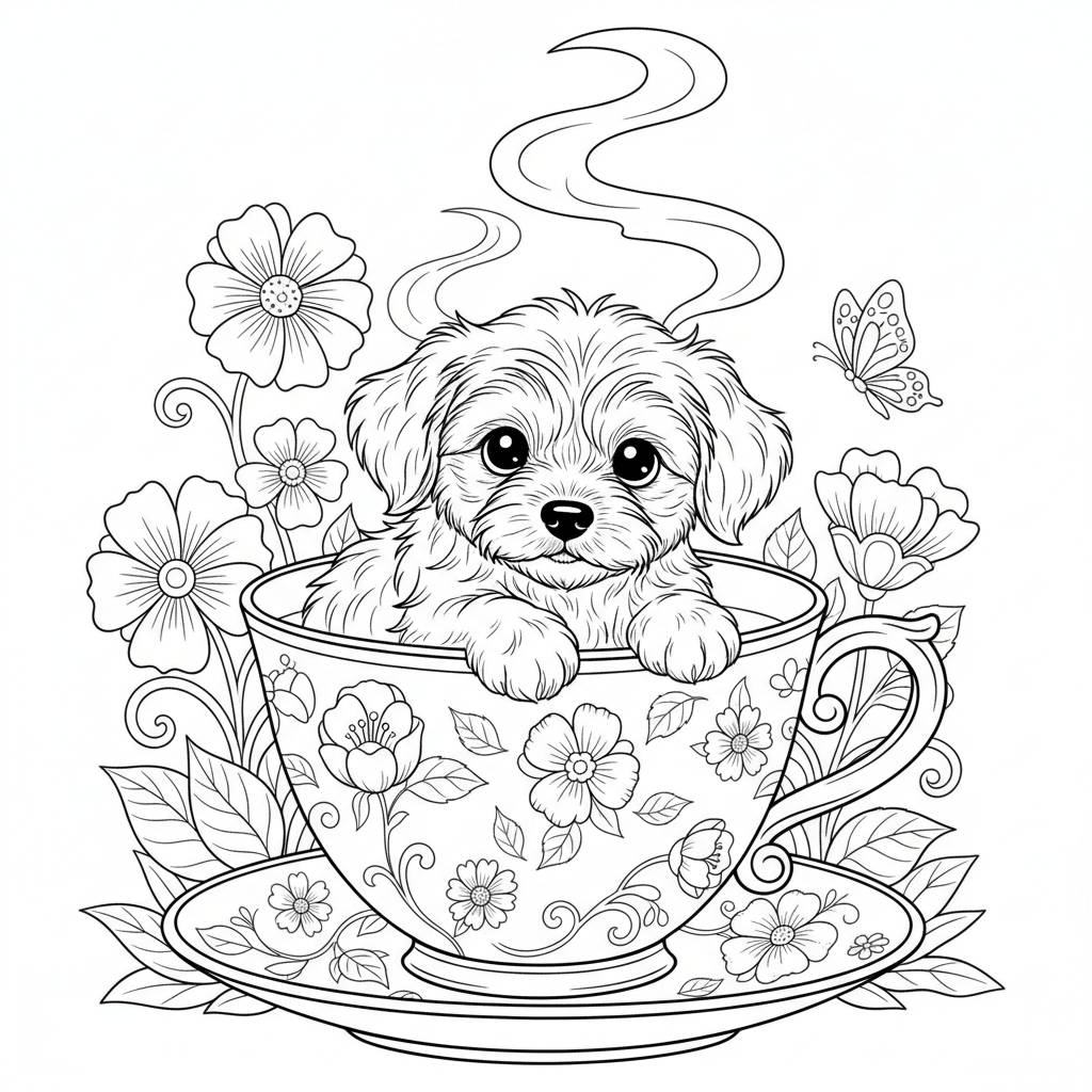 coloring page of a cute puppy in a tea cup