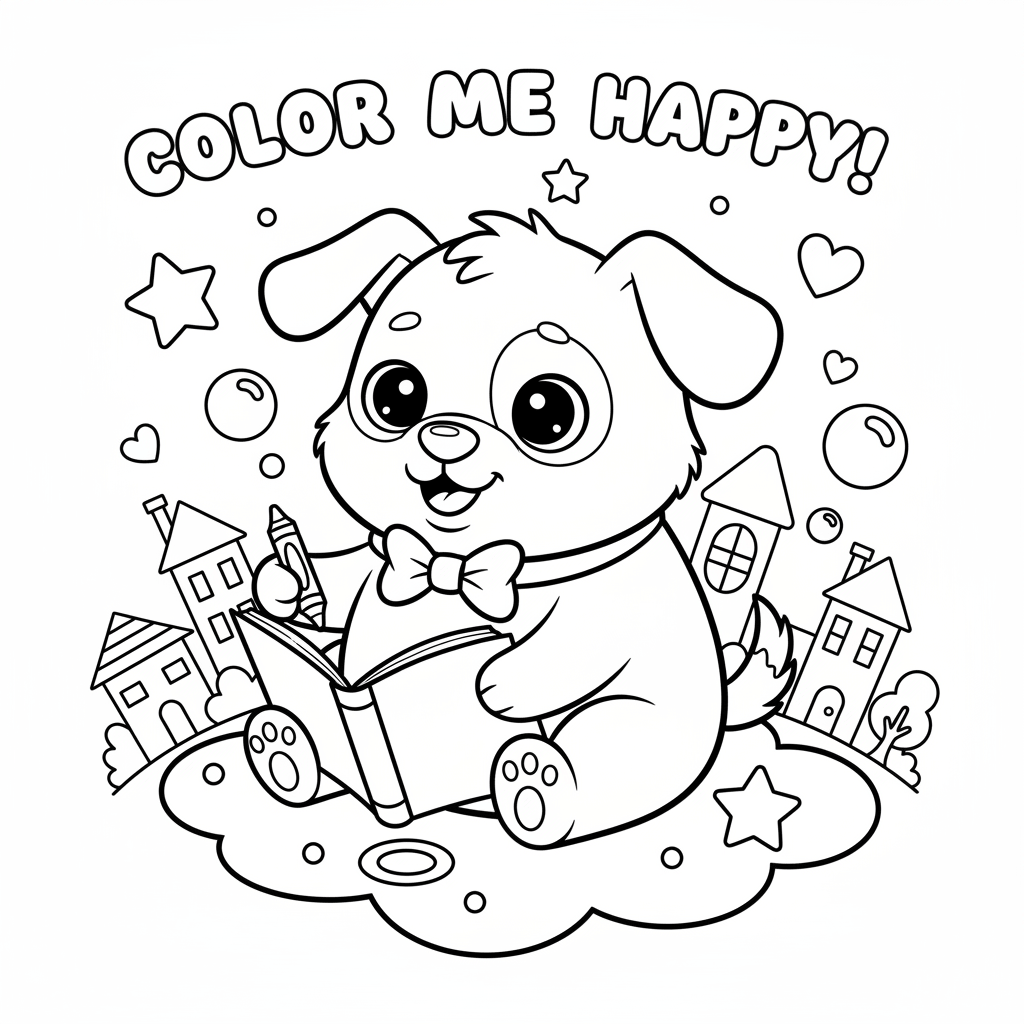 coloring page of a cute puppy reading a book and the words color me happy!