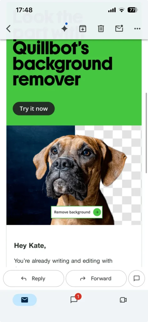 An example of a Quillbot email as seen on mobile