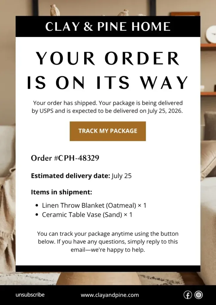 An email marketing example showing a shipping update email