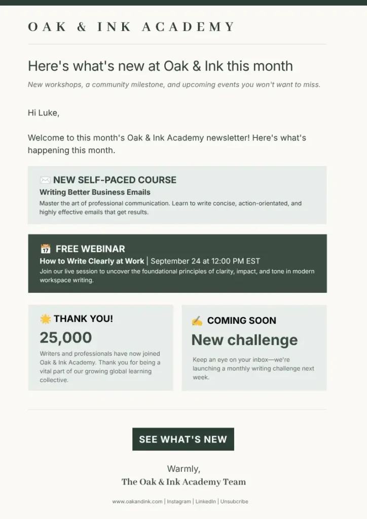 An email marketing example showing a monthly updates newsletter