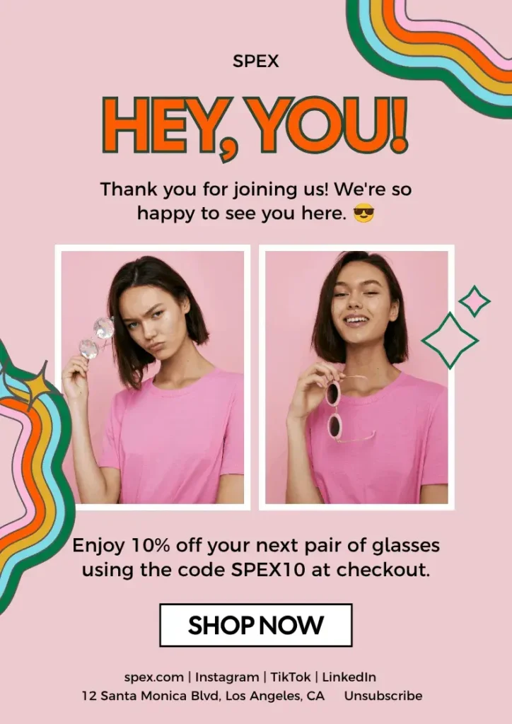An email marketing example showing a welcome email with a discount