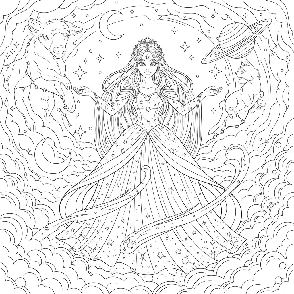 coloring page of a zodiac inspired fairytale princess