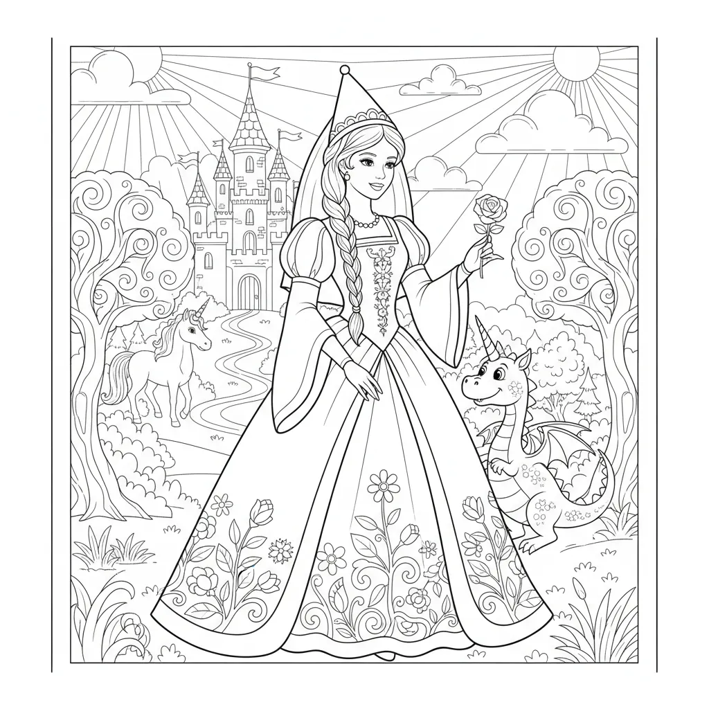 medieval inspired fairytale princess coloring page