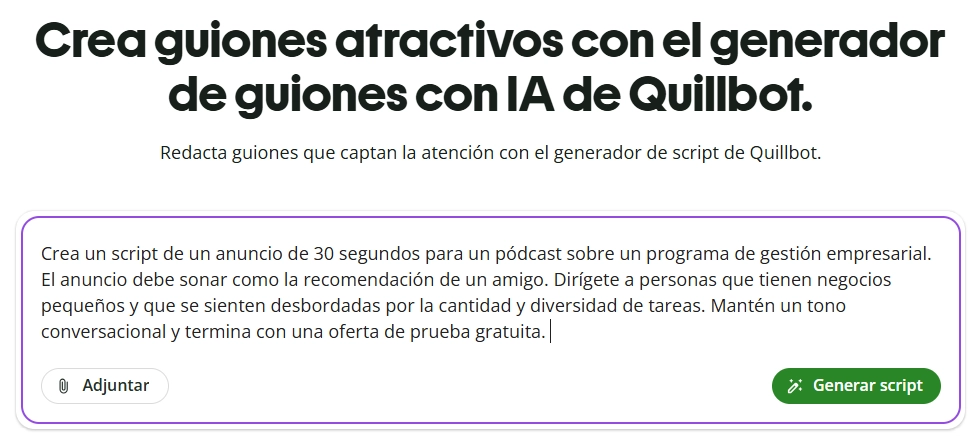 Crea todo tipo de guiones con el generador de guiones de Quillbot.