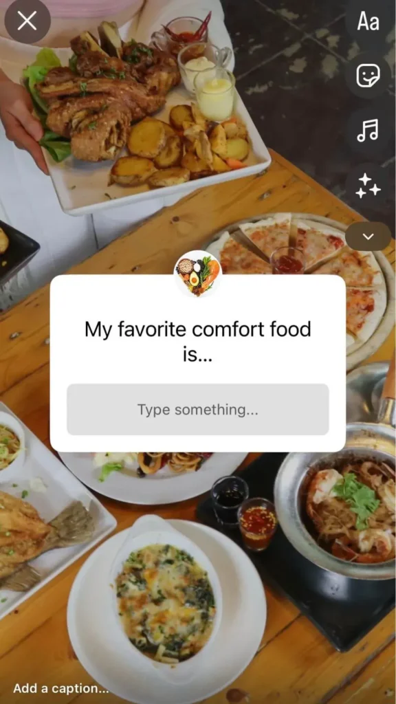An Instagram story using the Questions sticker to ask follwoers to share their favorite comfort food