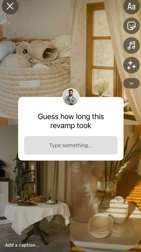 An Instagram story from an interior designer asking followers to guess how long a room revamp took
