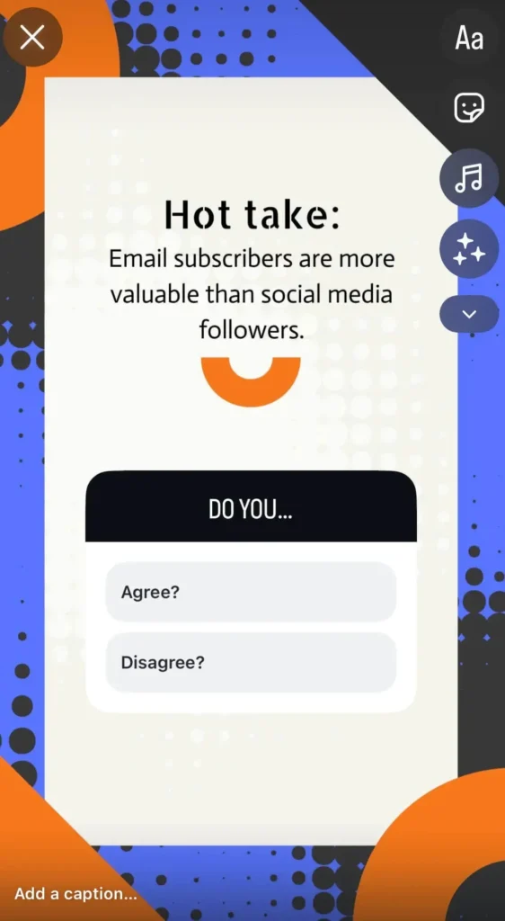 An Instagram story showing a "hot take" from a marketing agency that invites followers to agree or disagree