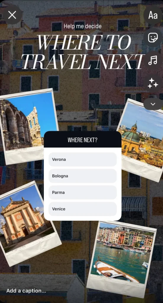 An Instagram story asking followers to help choose a travel influencer's next destination