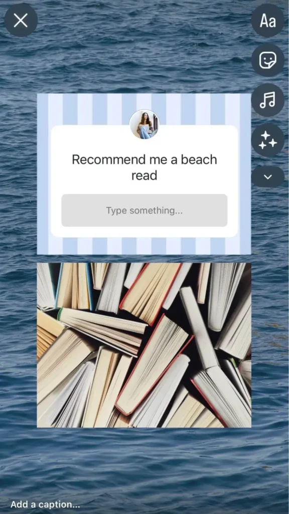 An Instagram story using the Questions sticker to ask followers for book recommendations