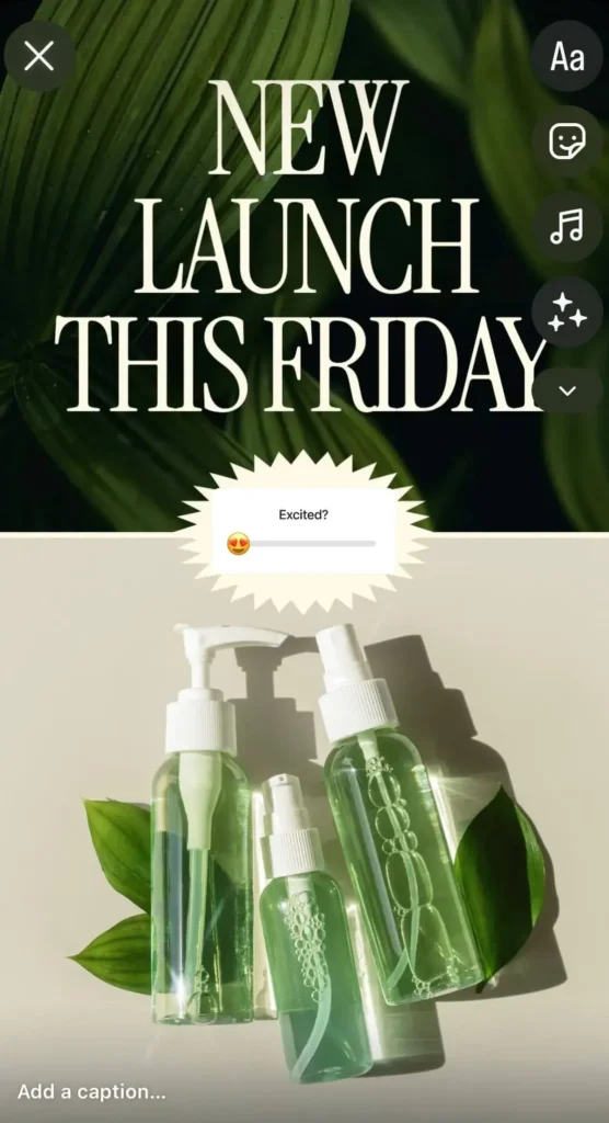 An Instagram story sharing a product launch and asking followers to reply with an emoji slider