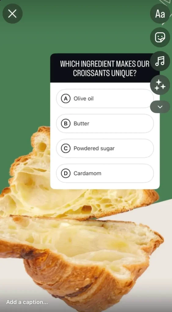 An Instagram story with a quiz about the brand's products