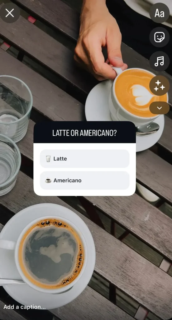An Instagram story showing a "this or that" poll from a coffee shop