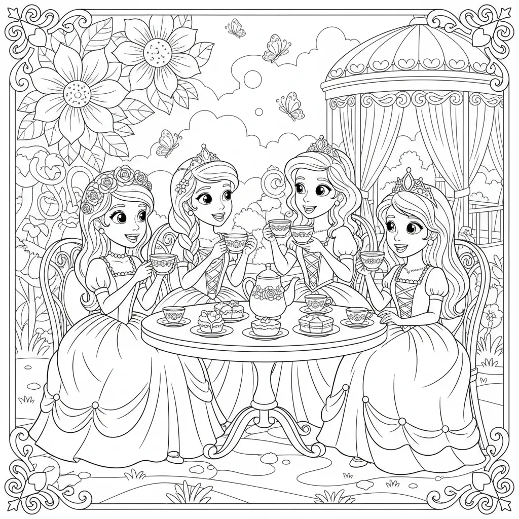 kids’ coloring page of princesses having a tea party