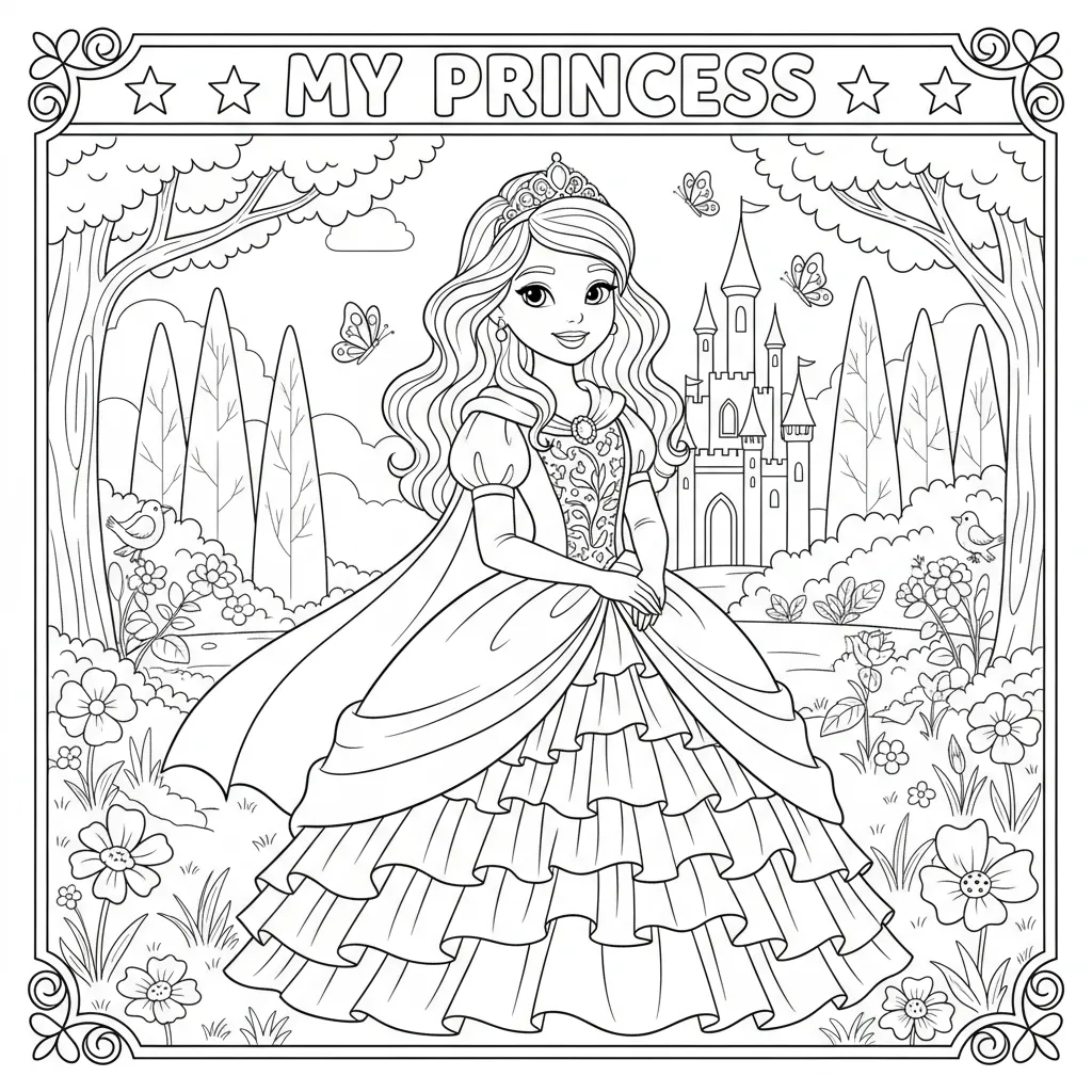 kids’ coloring page of a princess in a ball gown