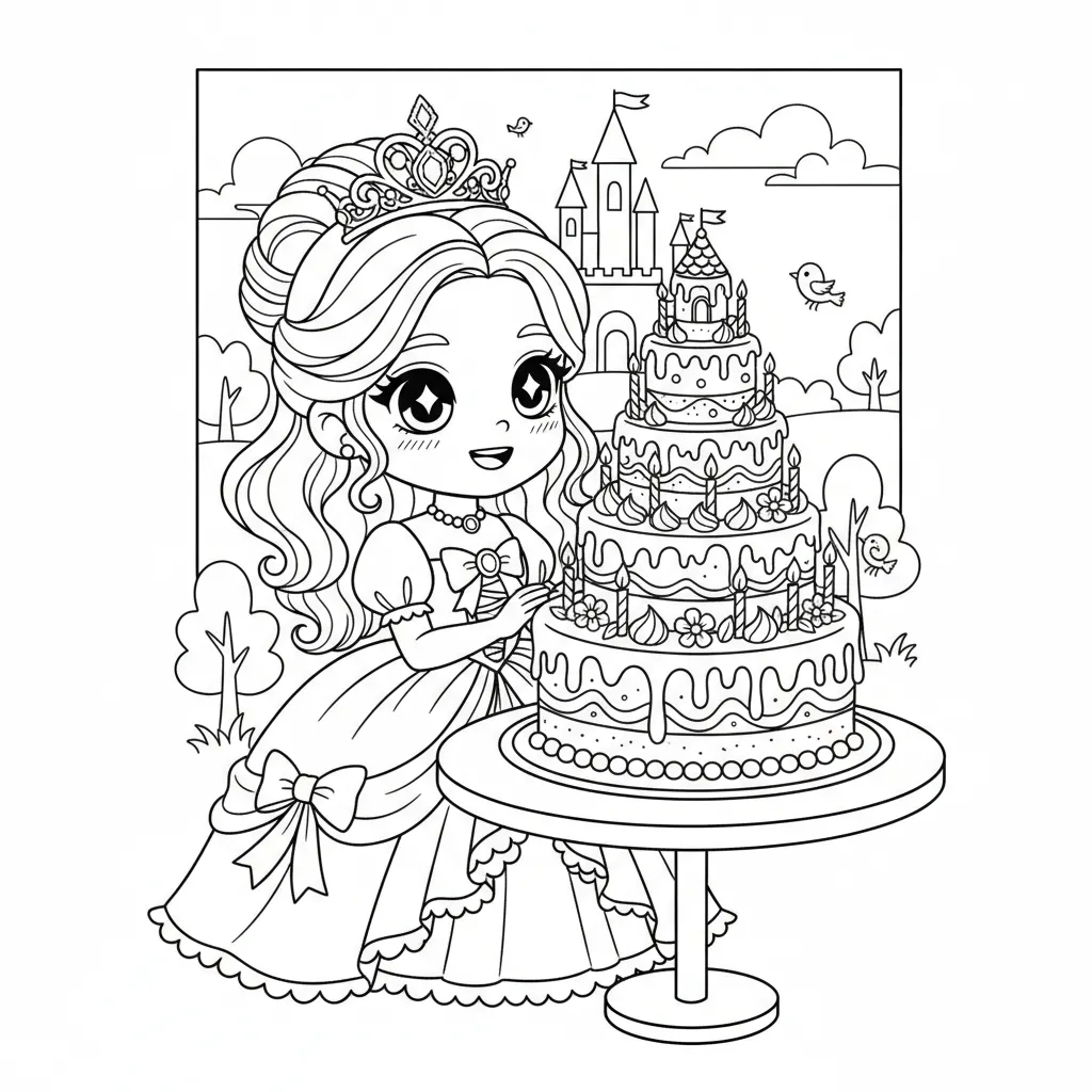 kids coloring page of a princess in front of a multi-tiered cake