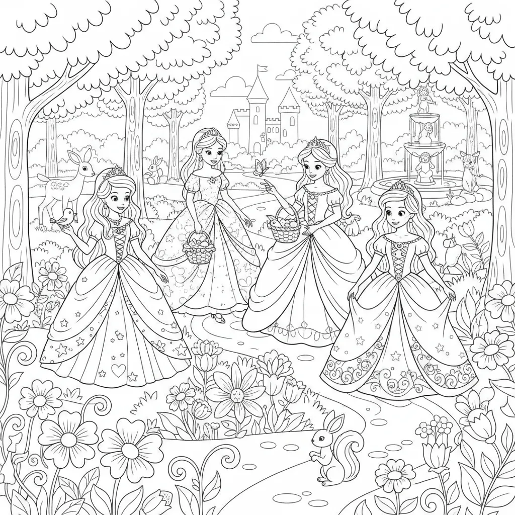 kids’ coloring page of princesses in a garden