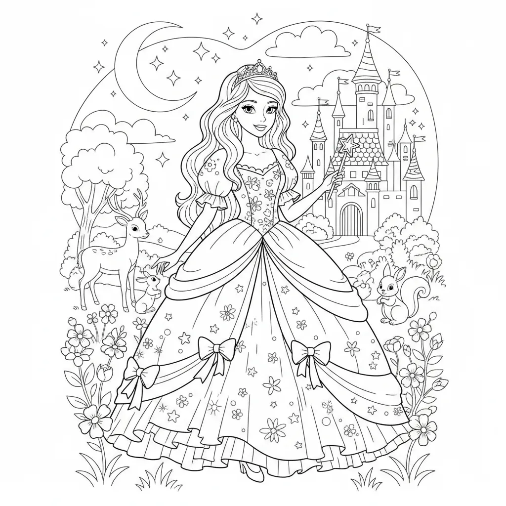 kids coloring page of a princess in a ball gown