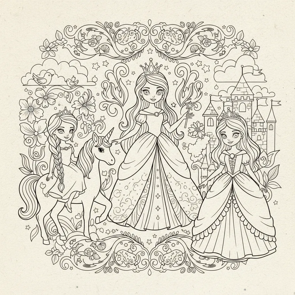 kids coloring page of 3 princesses posed in front of a castle, one is riding a unicorn