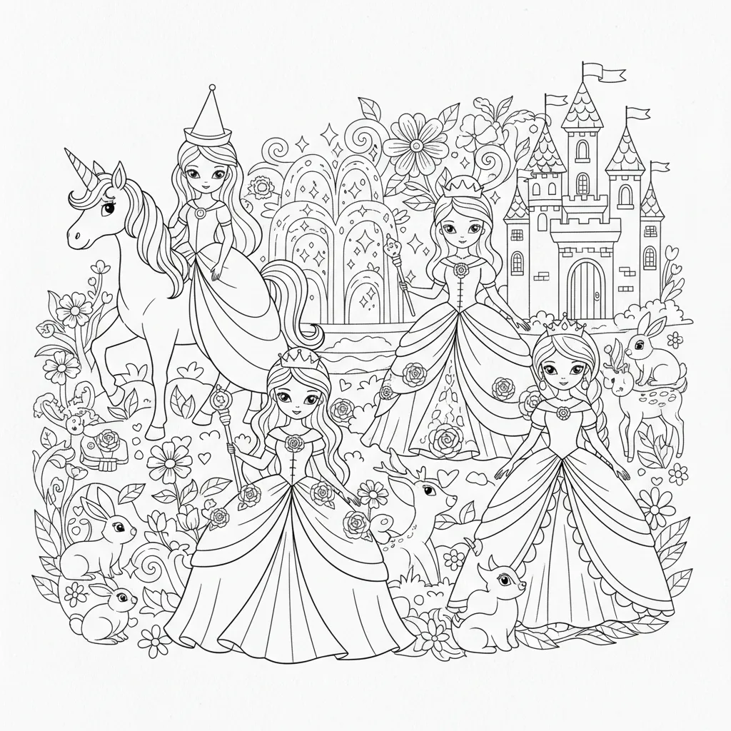 kids princess coloring page of princesses with woodland creatures posed in front of a castle, one is riding a unicorn
