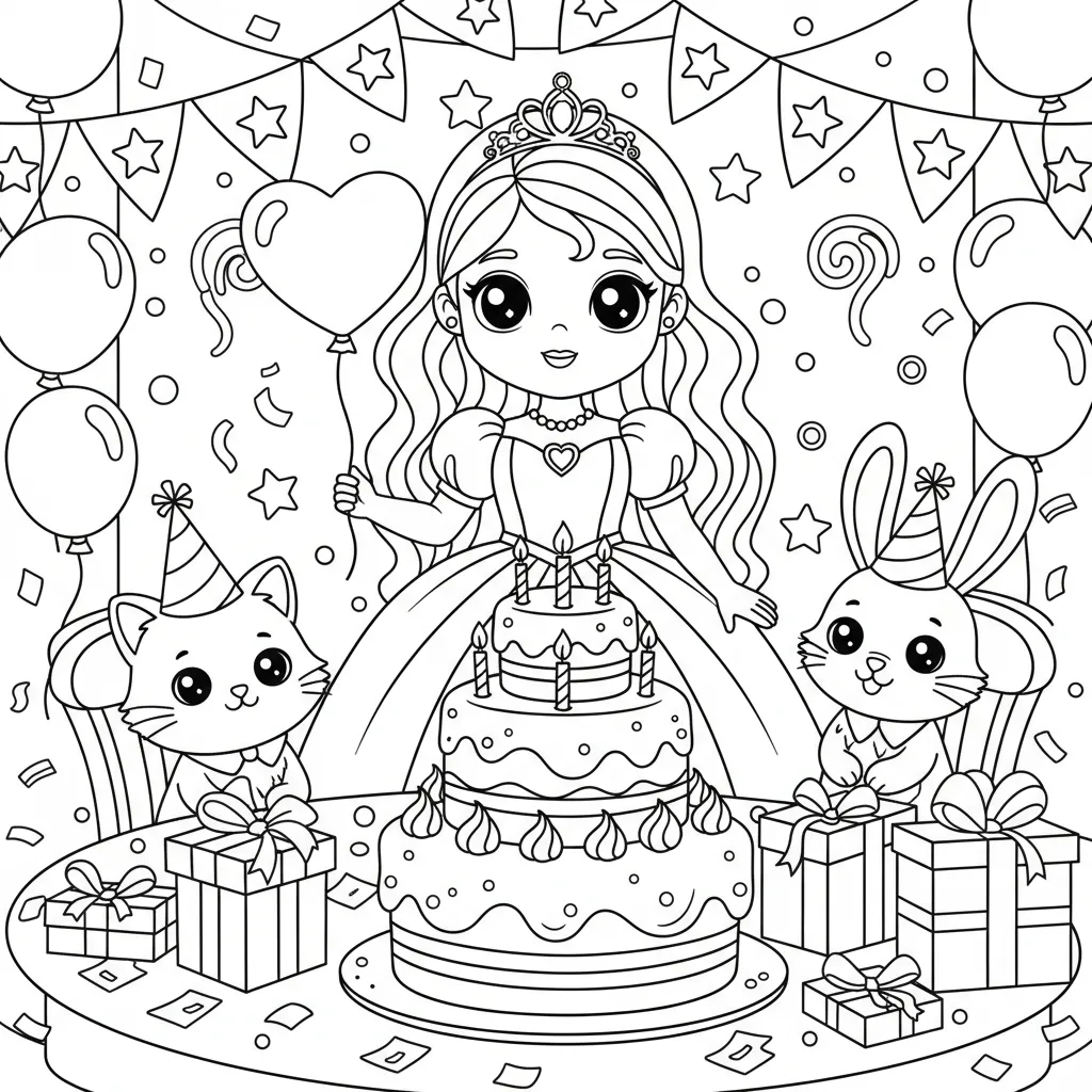 coloring page for kids of a princess celebrating her birthday party with her animal friends