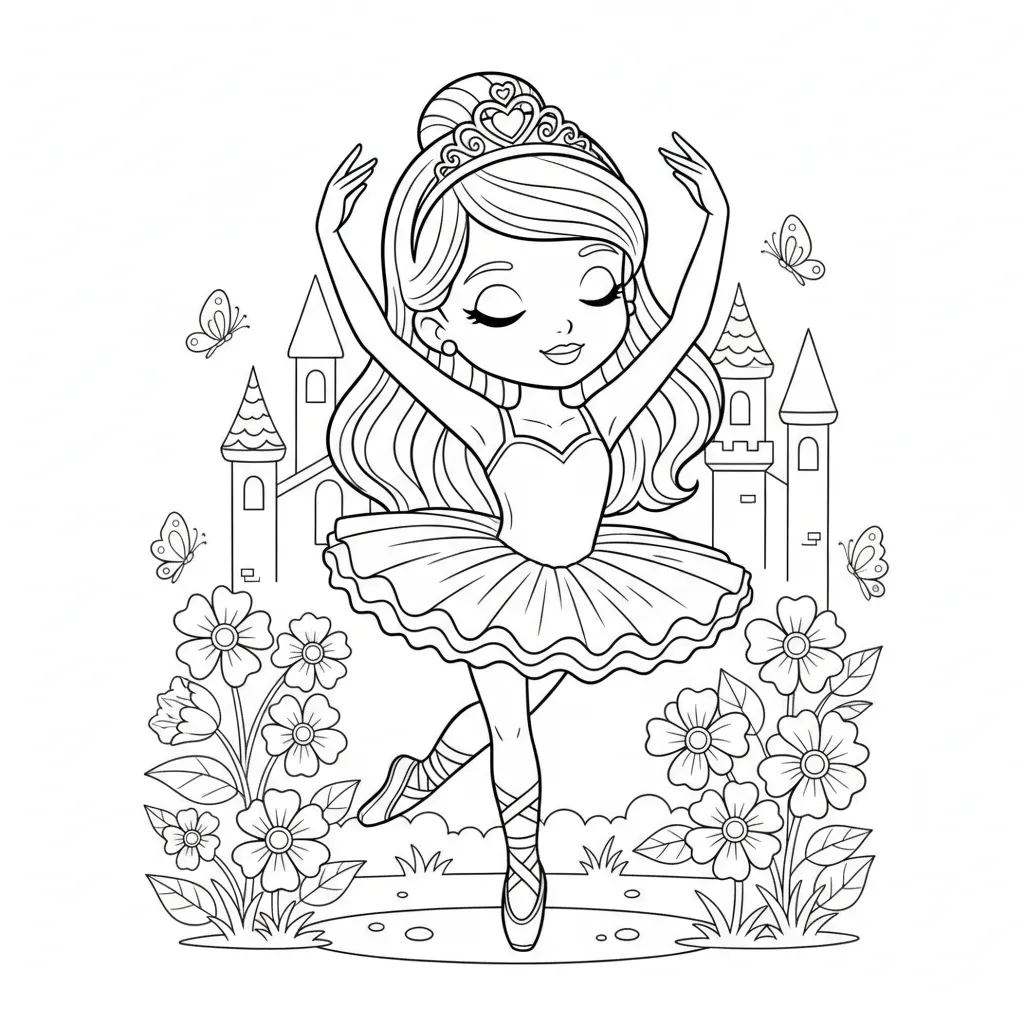 kids coloring page of a princess doing ballet