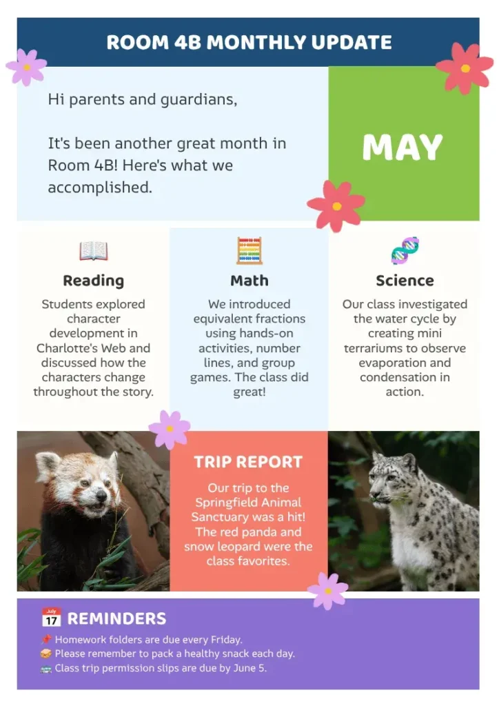 A classroom updates newsletter created with Quillbot