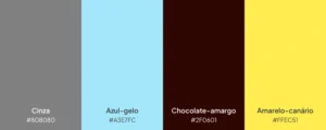 Paleta com quatro cores: cinza, azul-gelo, chocolate-amargo e amarelo-canário.