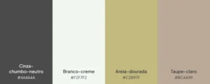 Paleta com quatro cores: cinza-chumbo-neutro, branco-creme, areia-dourada e taupe-claro.