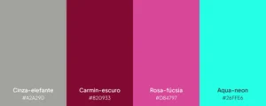 Paleta com quatro cores: cinza-elefante, carmin-escuro, rosa-fúcsia e aqua-neon.