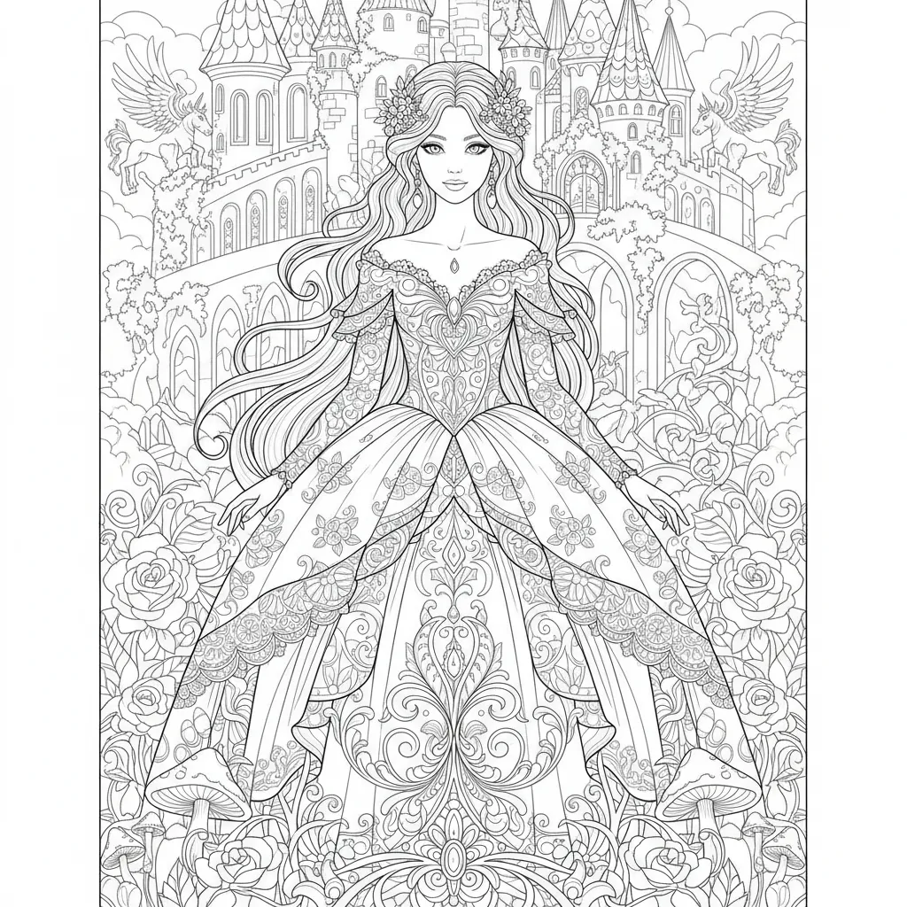 princess coloring page for adults of a princess wearing an elaborate gown