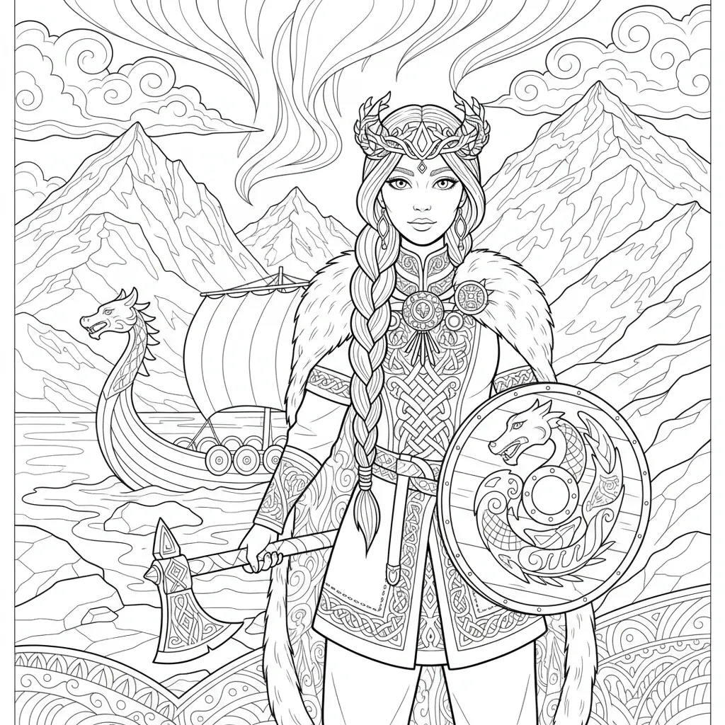 viking inspired princess coloring page for adults