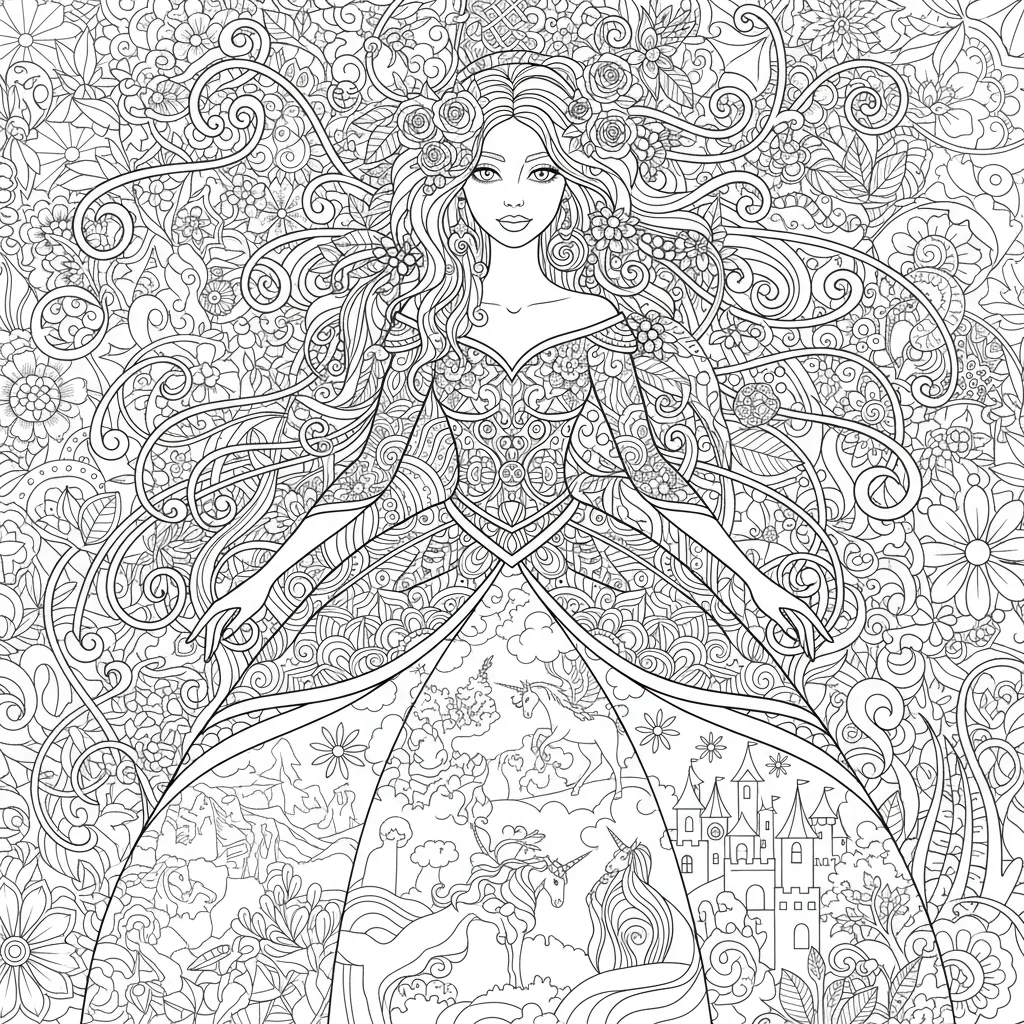 princess coloring page for adults of a princess with intricate patterns surrounding her