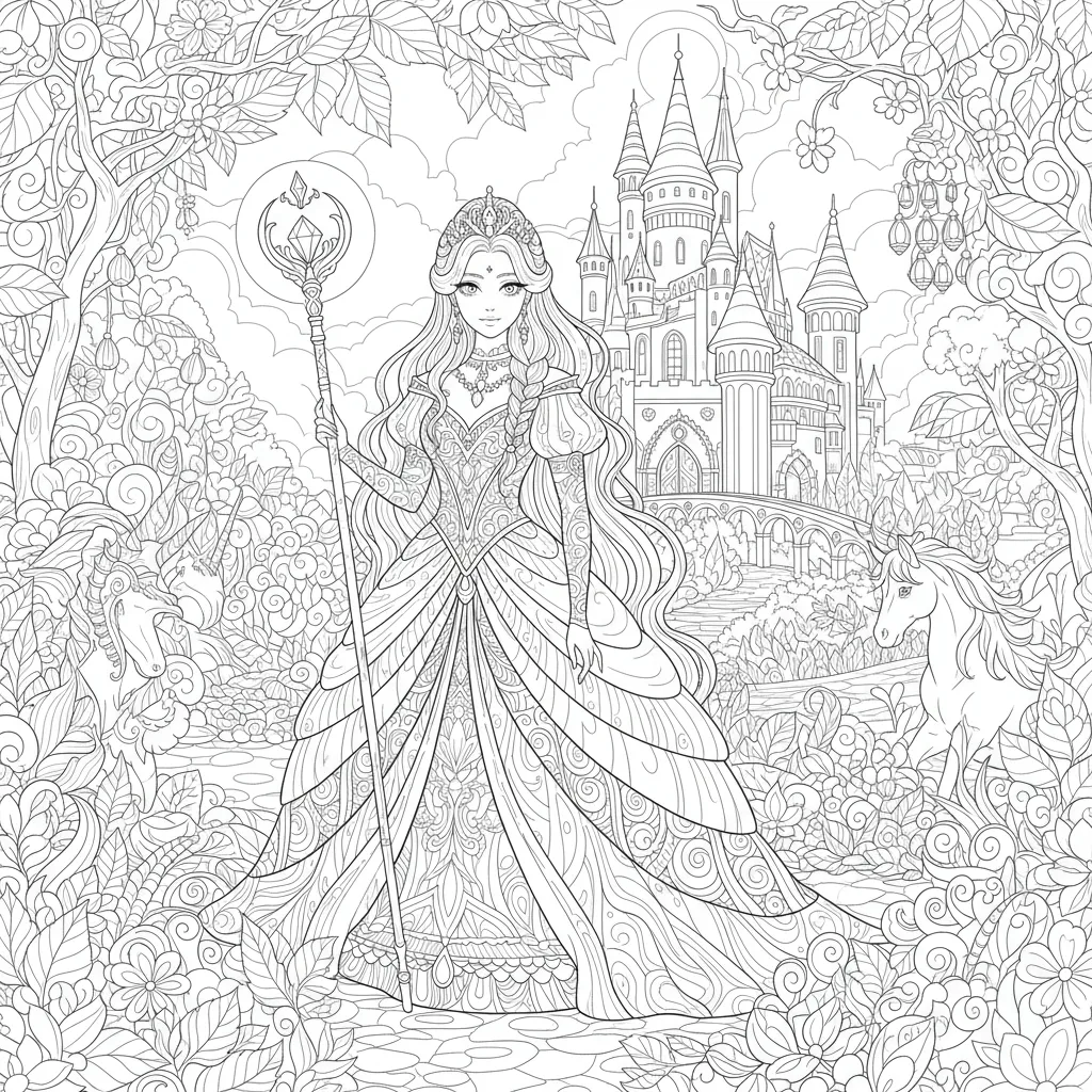 princess coloring page for adults of a princess in front of a castle holding a sceptre
