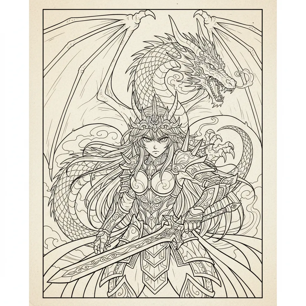 anime style princess coloring page featuring a dragon