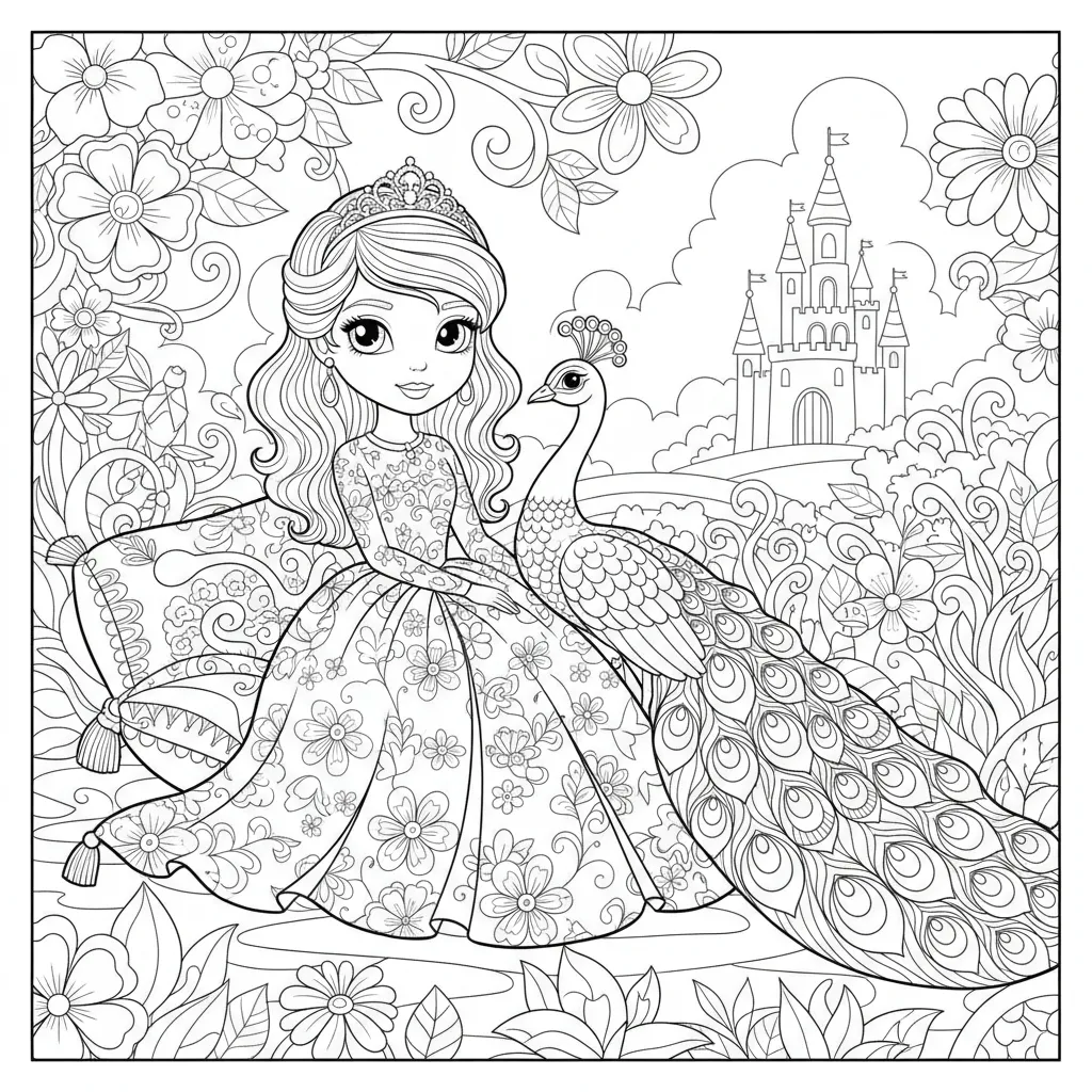 coloring page of a princess with a peacock