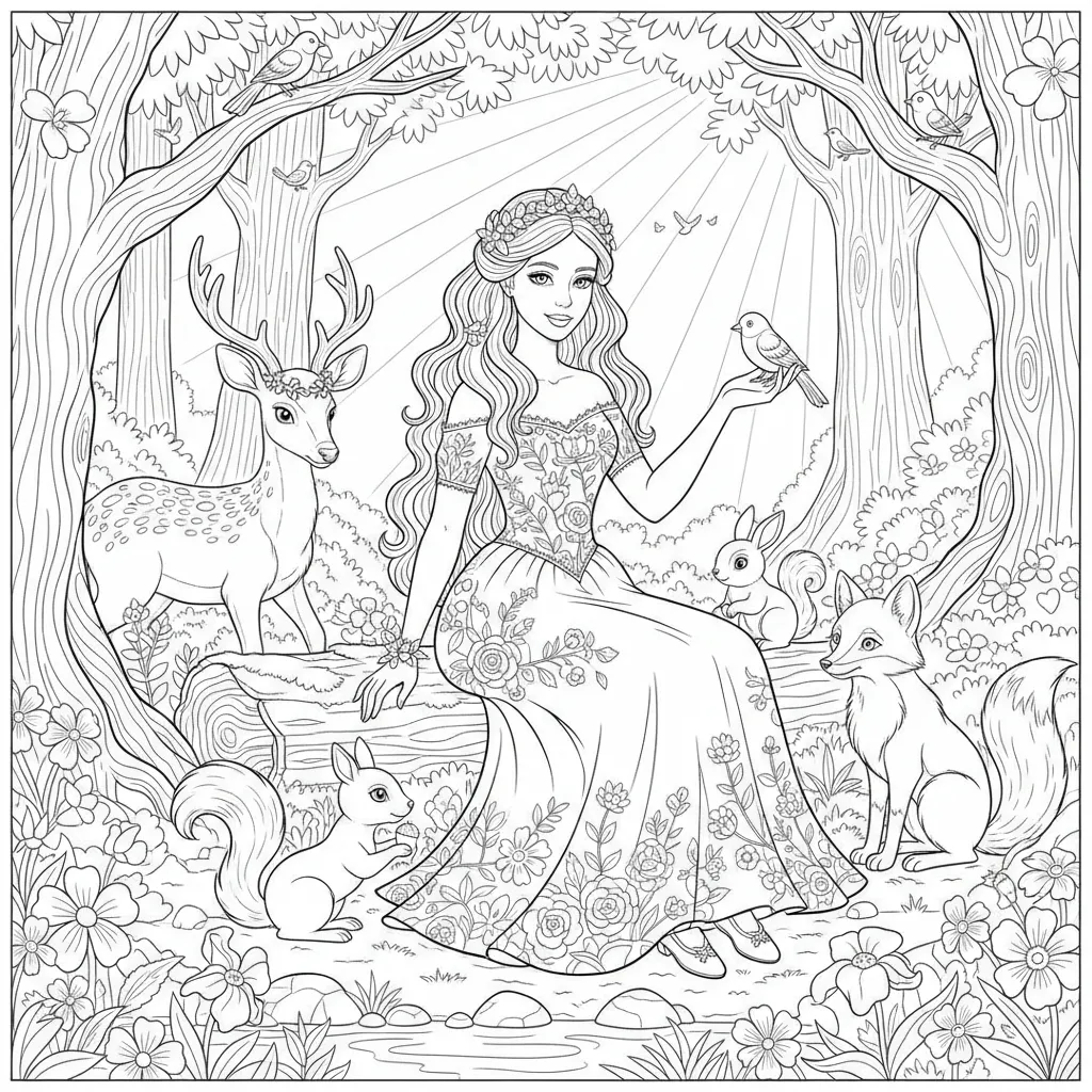 coloring page of a princess in a forest with woodland creatures