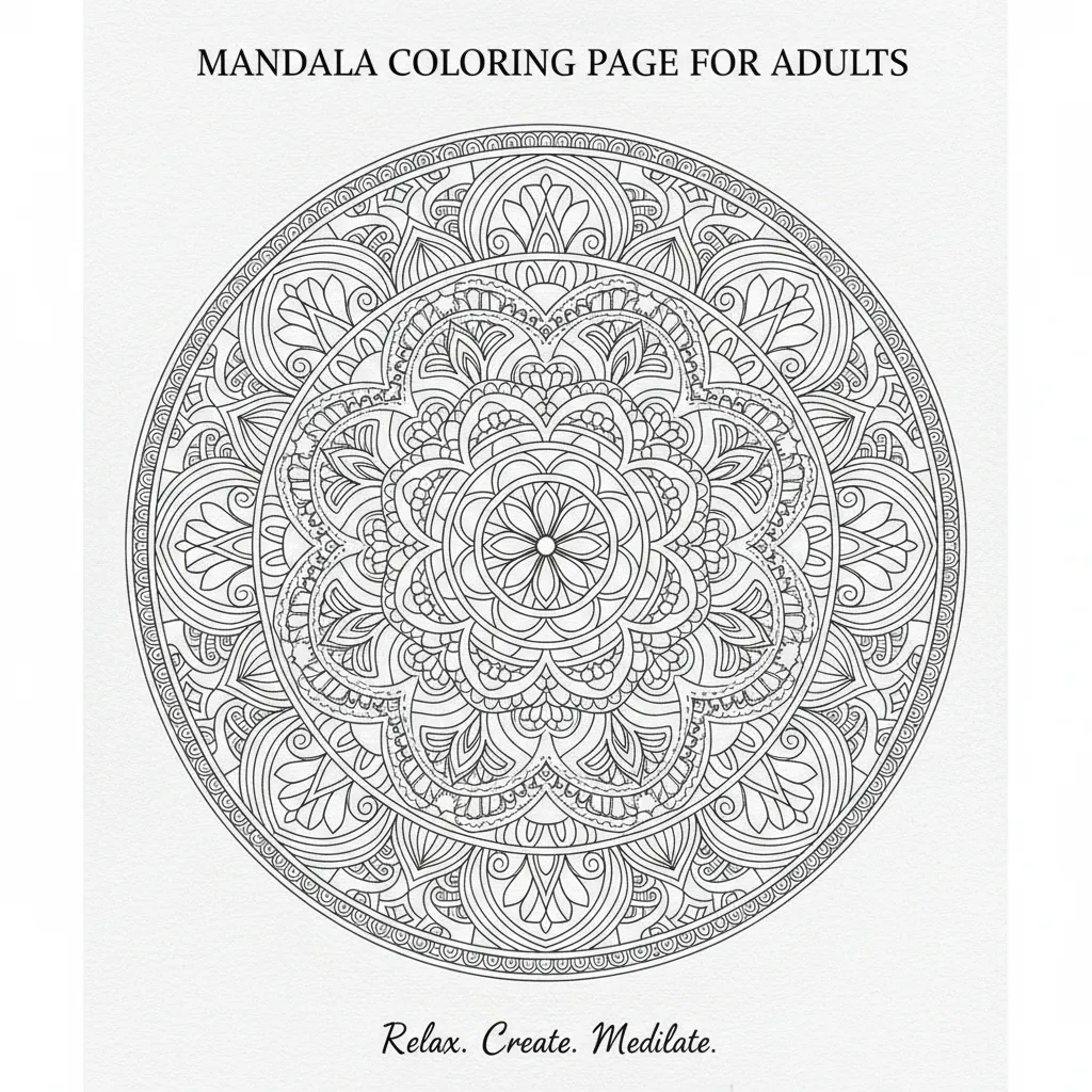 mandala coloring page for adults that says relax, create, meditate on it
