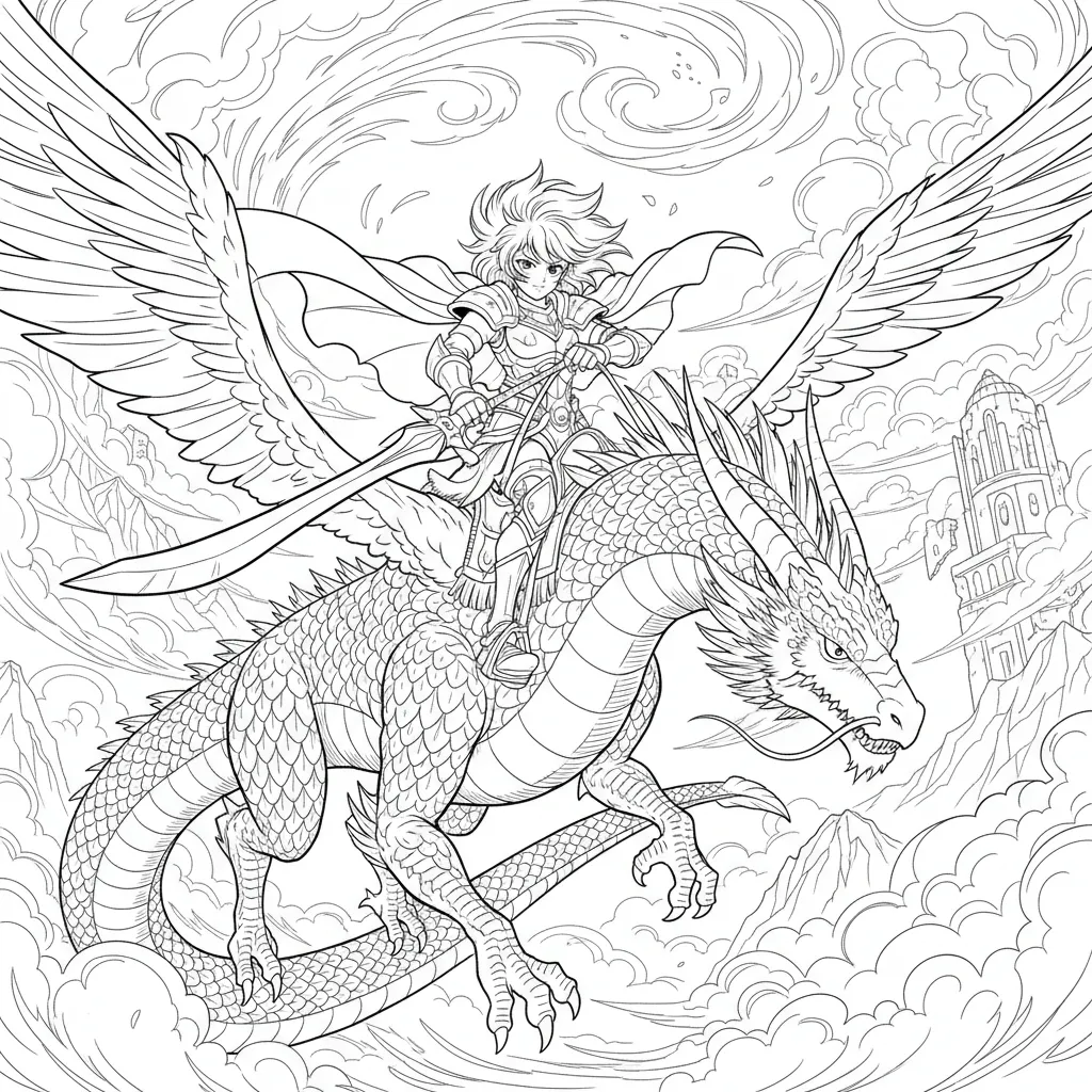 anime style coloring page of a dragon being ridden by a warrior