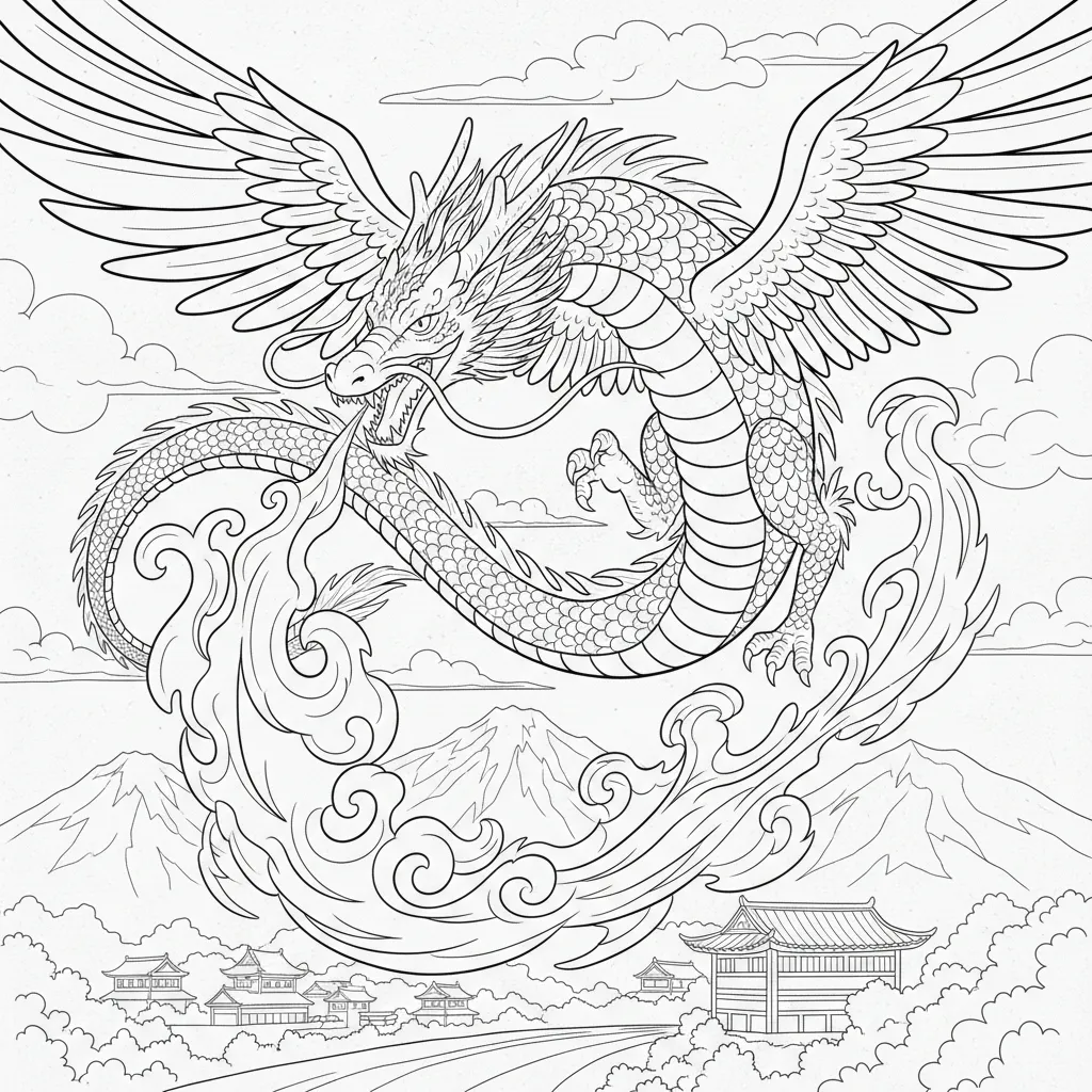 anime style dragon coloring page of a flying dragon breathing fire